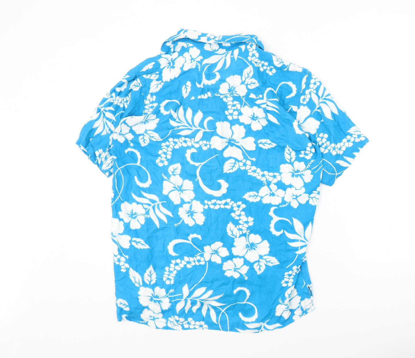 Preworn Mens Blue Floral Viscose Button-Up Size S Collared Button