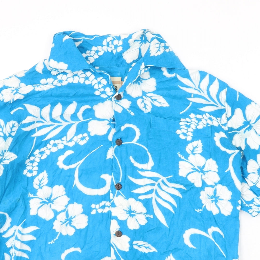 Preworn Mens Blue Floral Viscose Button-Up Size S Collared Button