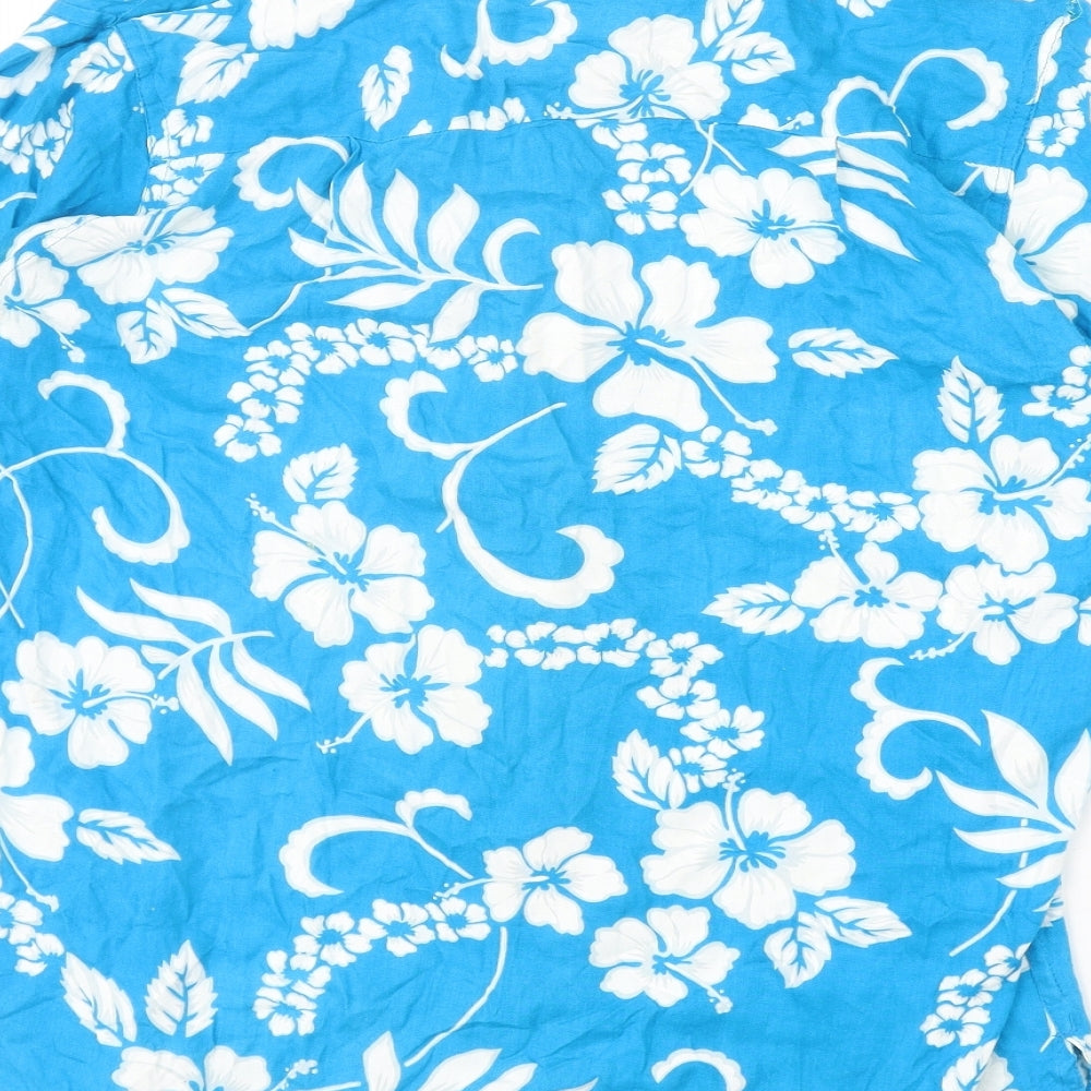 Preworn Mens Blue Floral Viscose Button-Up Size S Collared Button