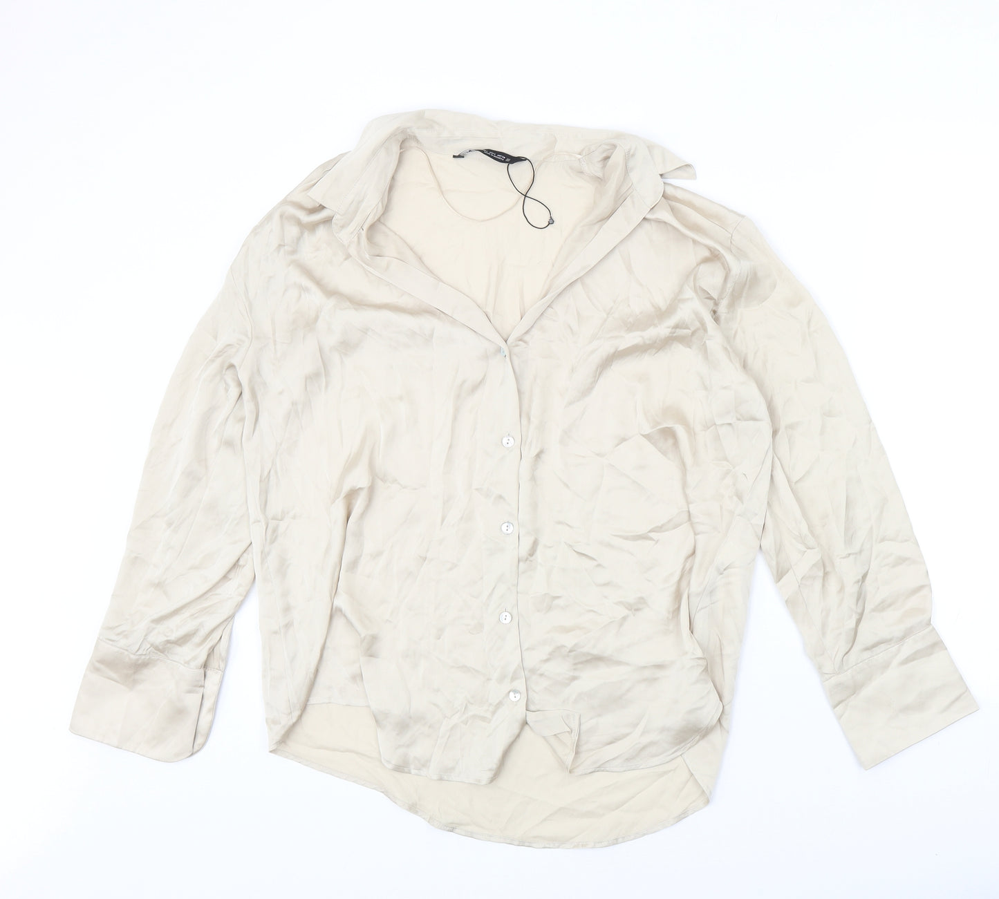Zara Womens Beige Polyester Basic Button-Up Size L Collared