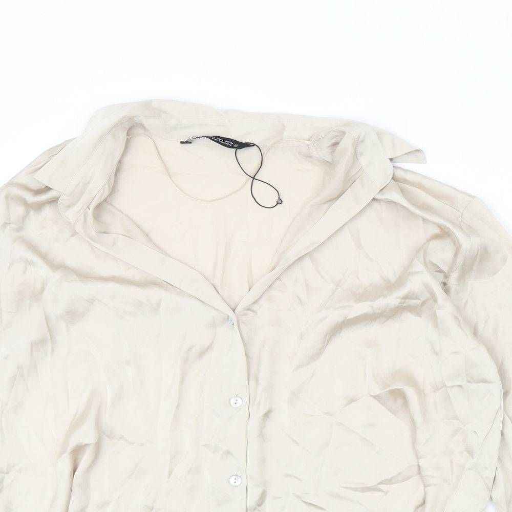 Zara Womens Beige Polyester Basic Button-Up Size L Collared