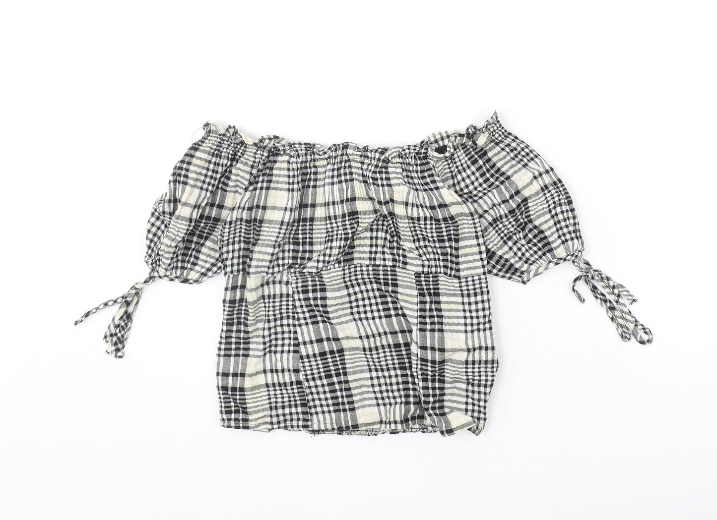 New Look Womens Black Plaid Cotton Basic Blouse Size 8 Off the Shoulder