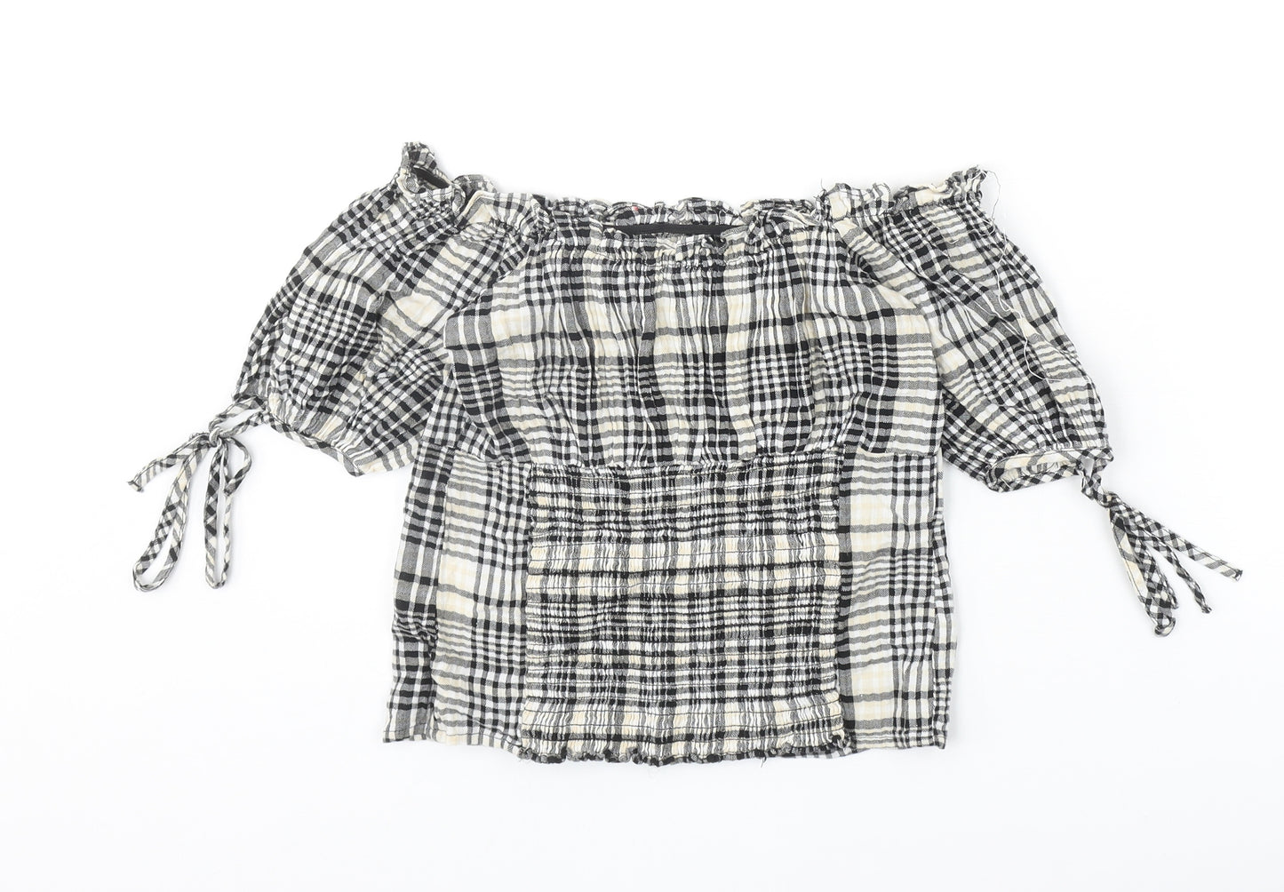 New Look Womens Black Plaid Cotton Basic Blouse Size 8 Off the Shoulder