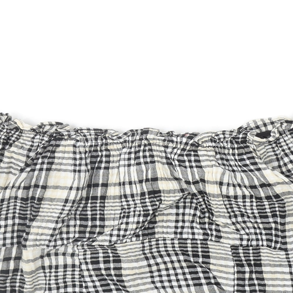New Look Womens Black Plaid Cotton Basic Blouse Size 8 Off the Shoulder