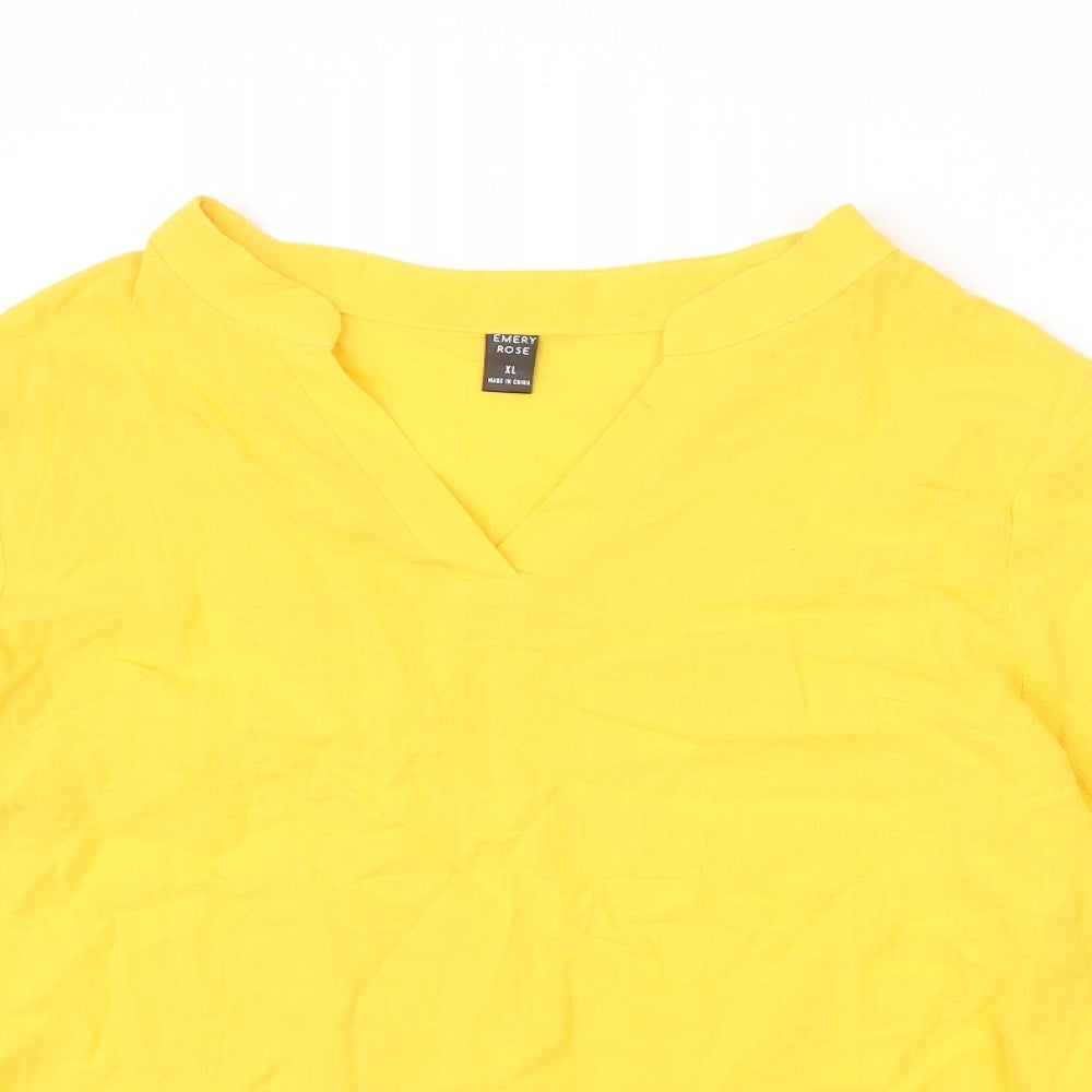 Emery Rose Womens Yellow Polyester Basic T-Shirt Size XL V-Neck