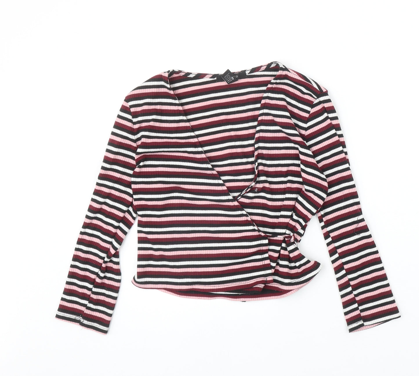 FOREVER 21 Womens Multicoloured Striped Polyester Wrap T-Shirt Size M V-Neck