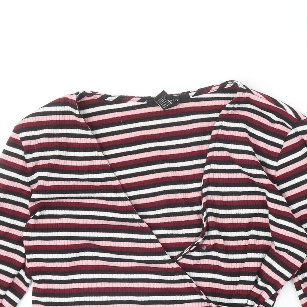 FOREVER 21 Womens Multicoloured Striped Polyester Wrap T-Shirt Size M V-Neck