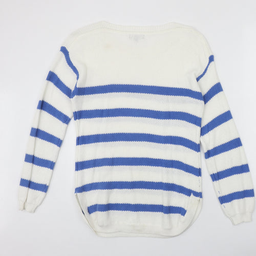 First Avenue Womens Ivory Round Neck Striped Cotton Pullover Jumper Size S