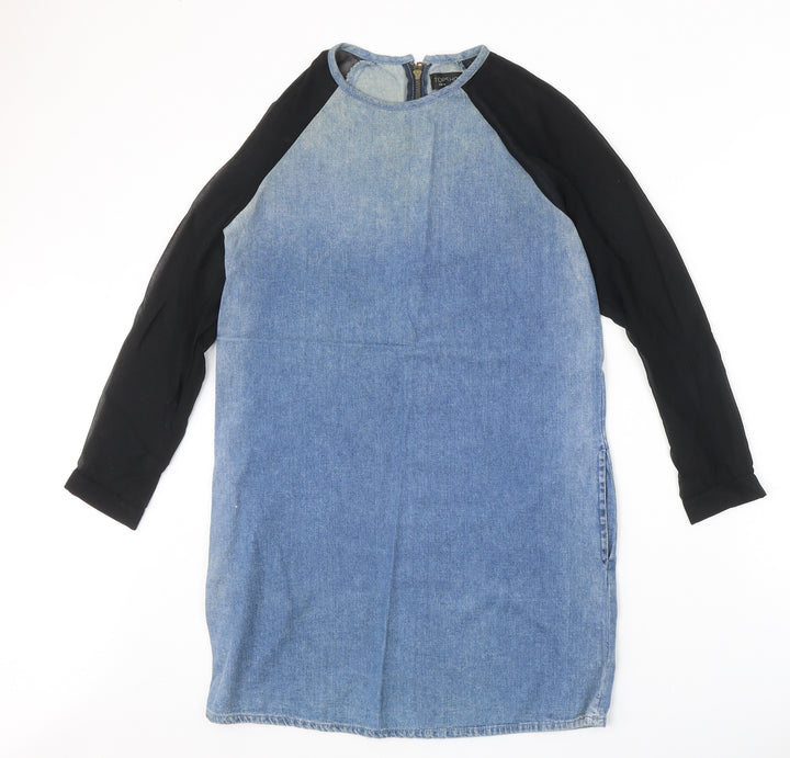 Topshop Womens Blue Cotton Shift Size 8 Round Neck Zip
