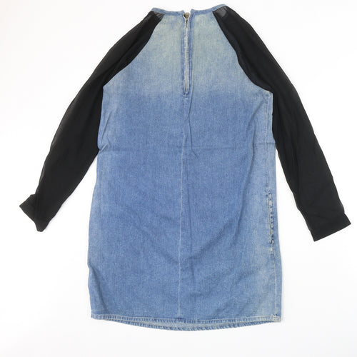 Topshop Womens Blue Cotton Shift Size 8 Round Neck Zip