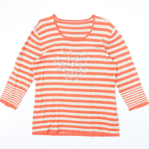 Preworn Womens Orange Scoop Neck Striped Viscose Pullover Jumper Size 14