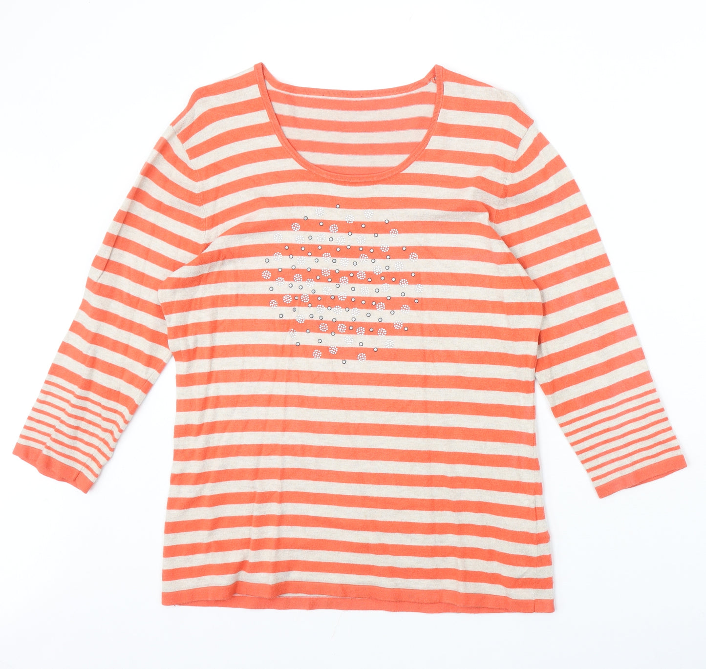 Preworn Womens Orange Scoop Neck Striped Viscose Pullover Jumper Size 14