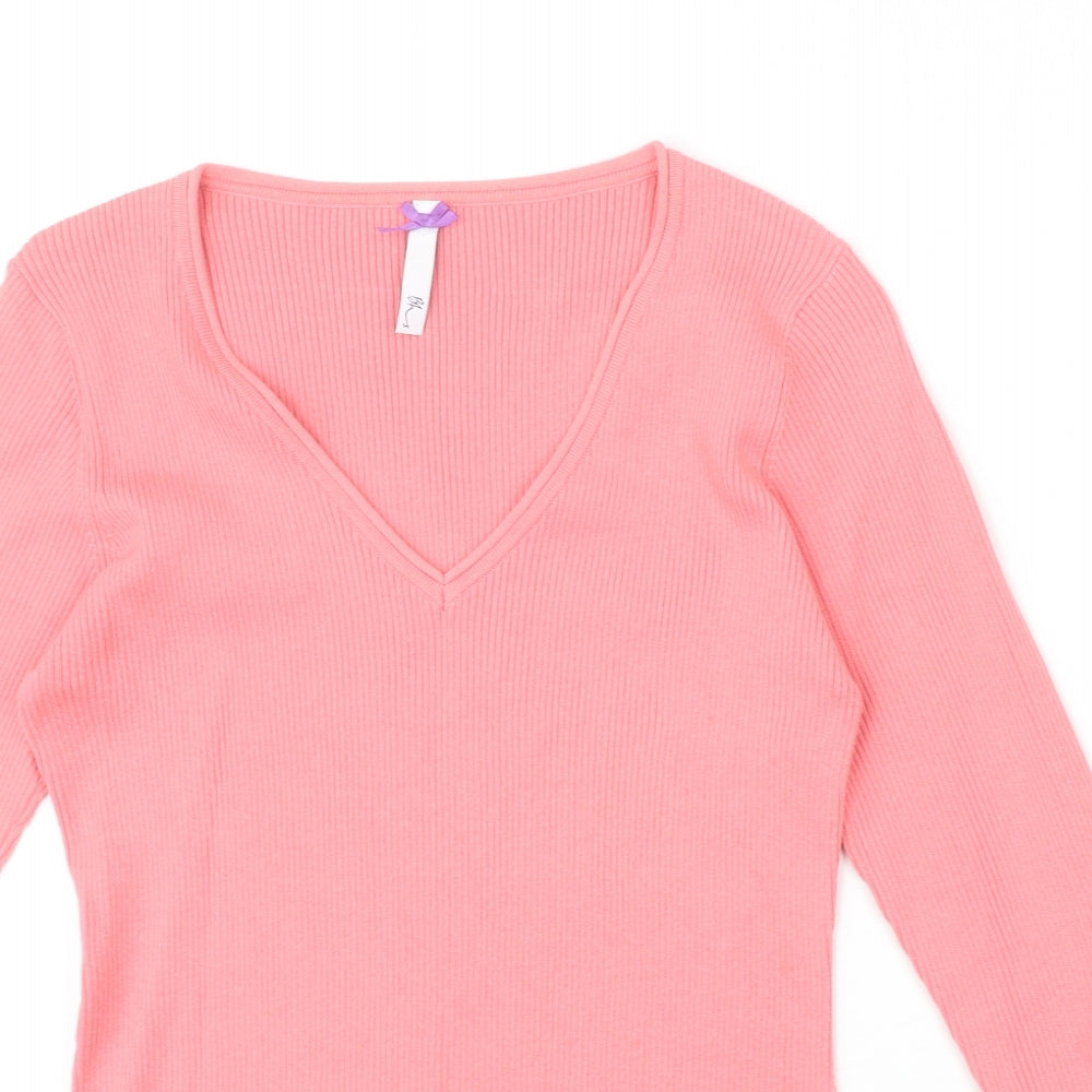 BHS Womens Pink Cotton Basic T-Shirt Size 14 V-Neck