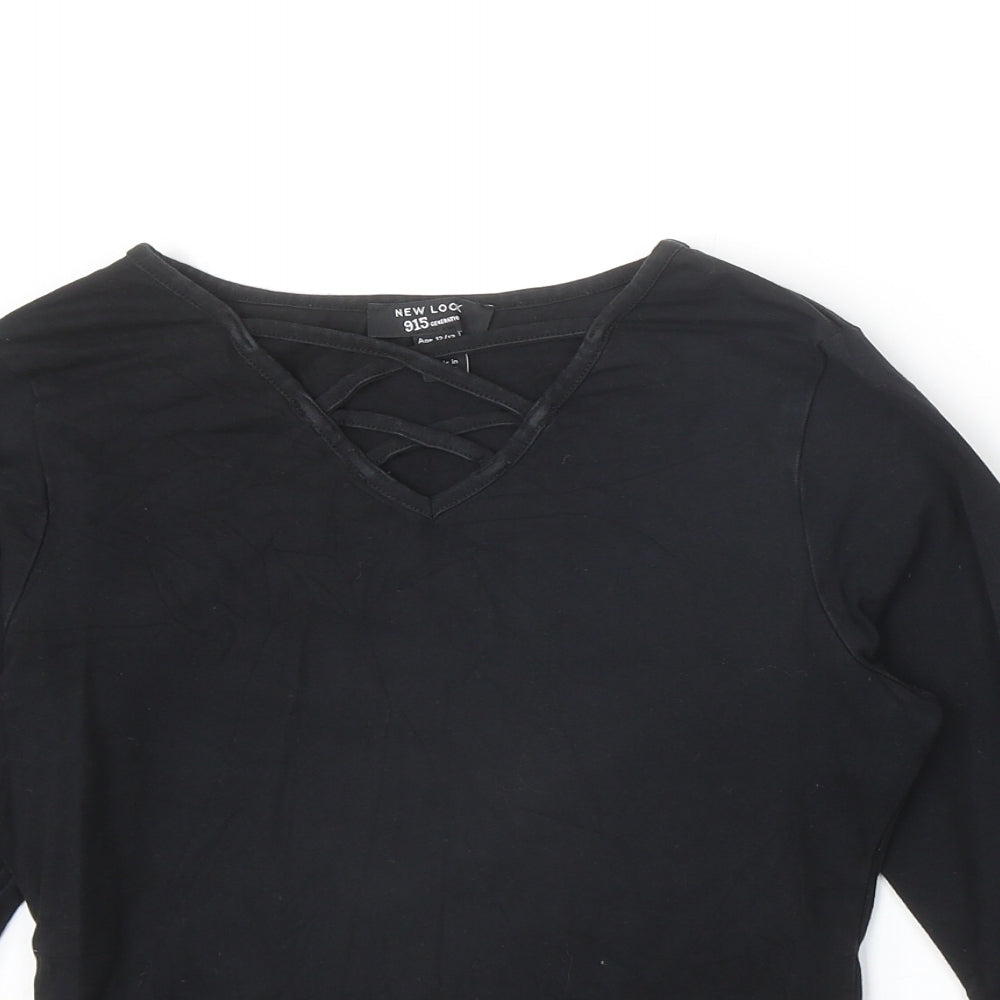 New Look Girls Black Cotton Basic T-Shirt Size 12-13 Years V-Neck Pullover