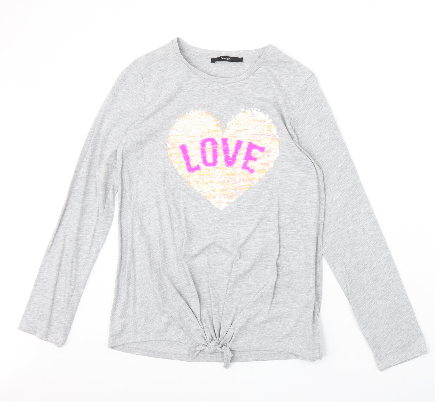George Girls Grey Polyester Basic T-Shirt Size 12-13 Years Round Neck Pullover - Love Knot Front