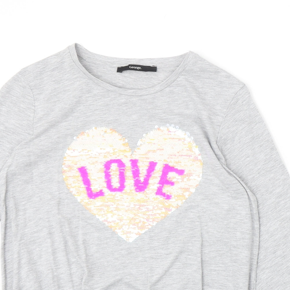 George Girls Grey Polyester Basic T-Shirt Size 12-13 Years Round Neck Pullover - Love Knot Front