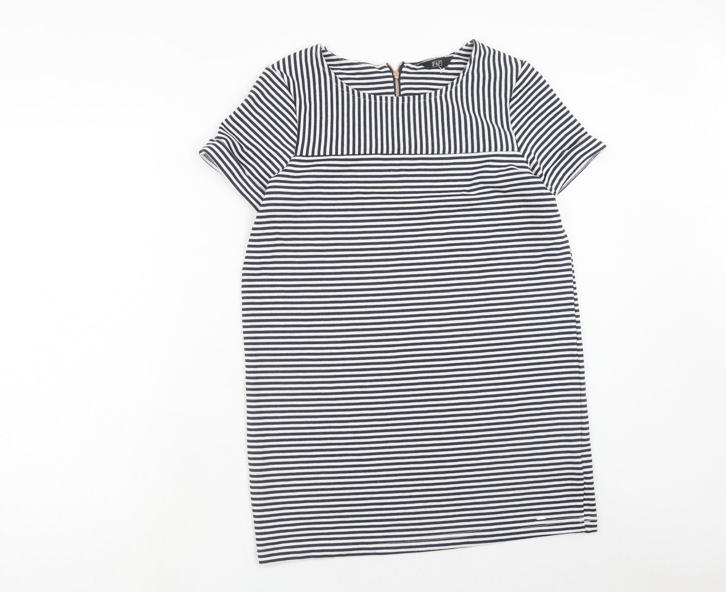 F&F Womens Blue Striped Polyester T-Shirt Dress Size 10 Round Neck Zip