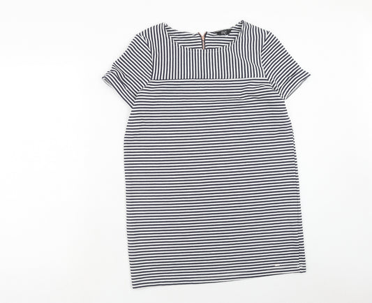 Front view of F&F women’s blue striped polyester t-shirt dress, size UK 10, round neck zip