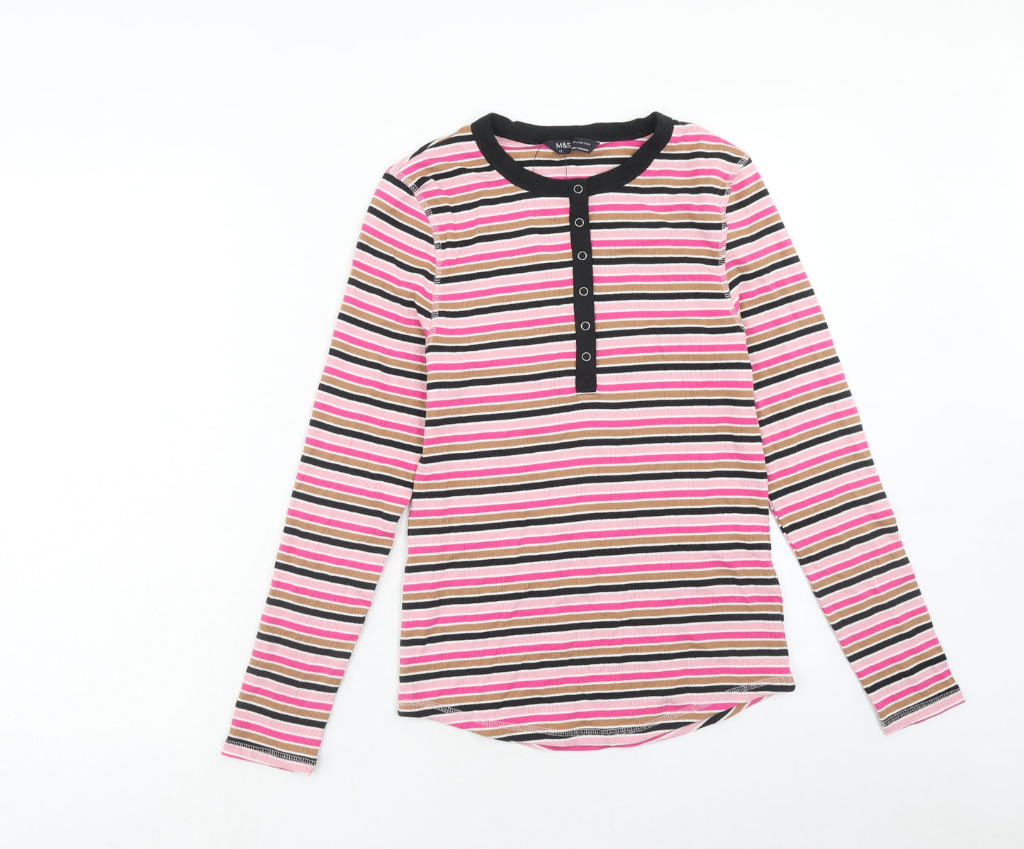 Marks and Spencer Womens Pink Striped Cotton Basic T-Shirt Size 12 Round Neck