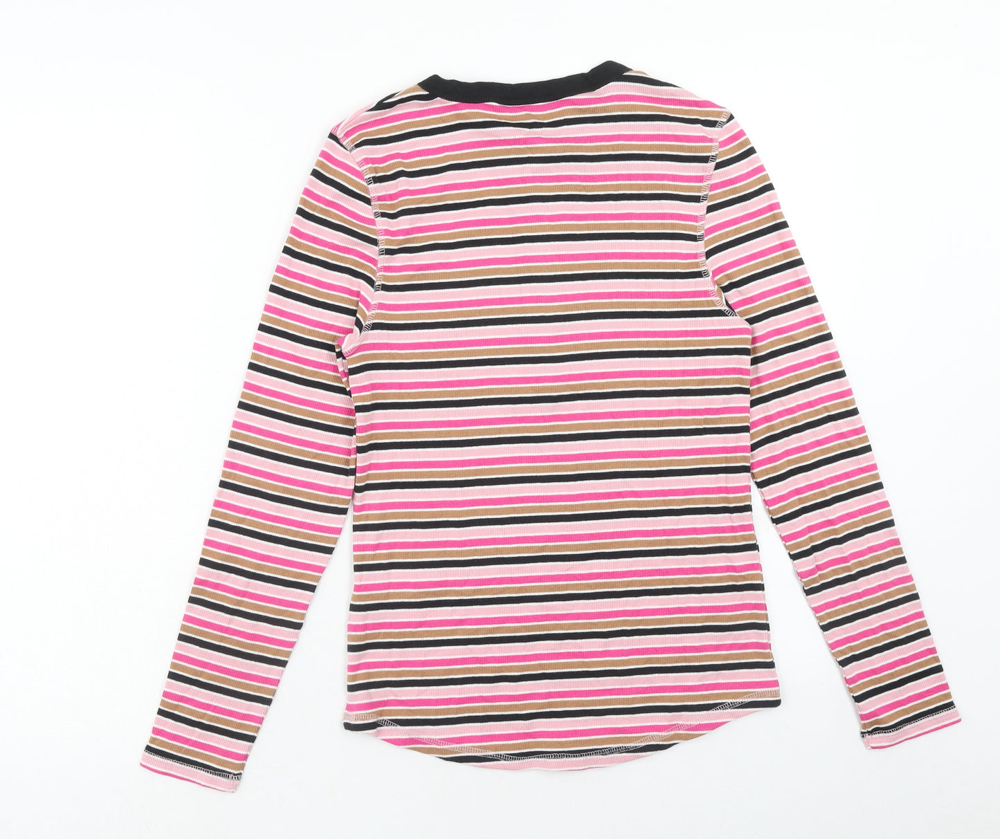 Marks and Spencer Womens Pink Striped Cotton Basic T-Shirt Size 12 Round Neck