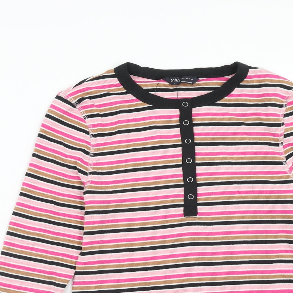 Marks and Spencer Womens Pink Striped Cotton Basic T-Shirt Size 12 Round Neck