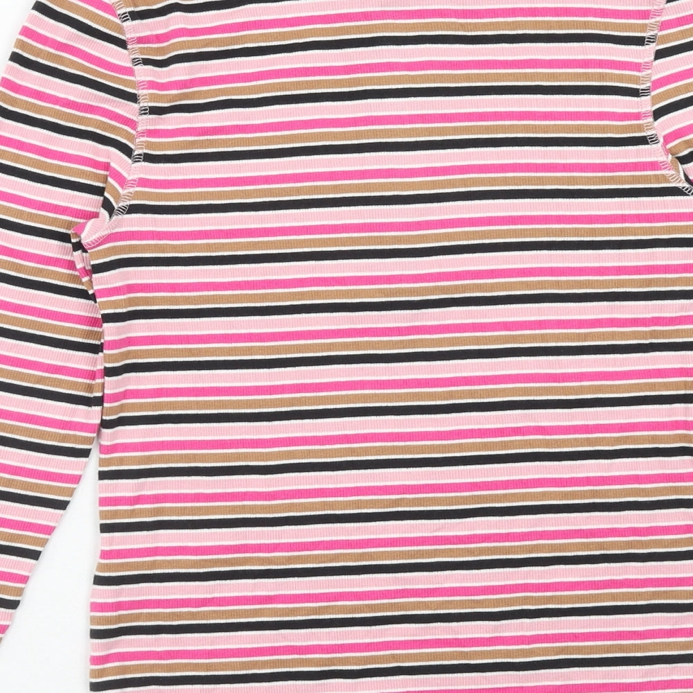 Marks and Spencer Womens Pink Striped Cotton Basic T-Shirt Size 12 Round Neck