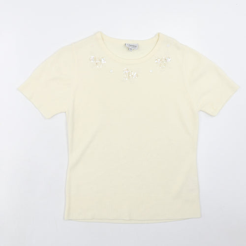 First Avenue Womens Ivory Acrylic Basic T-Shirt Size M Round Neck
