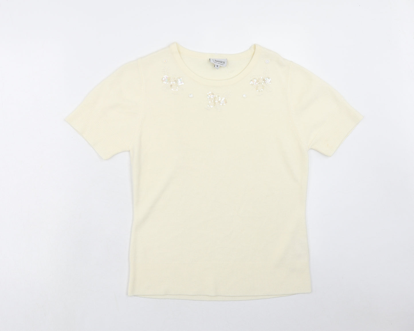 First Avenue Womens Ivory Acrylic Basic T-Shirt Size M Round Neck