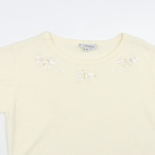 First Avenue Womens Ivory Acrylic Basic T-Shirt Size M Round Neck