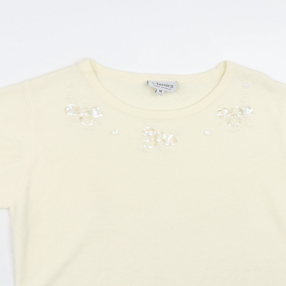 First Avenue Womens Ivory Acrylic Basic T-Shirt Size M Round Neck