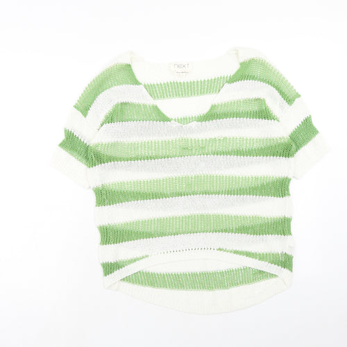NEXT Womens Green V-Neck Striped Acrylic Pullover Jumper Size 14
