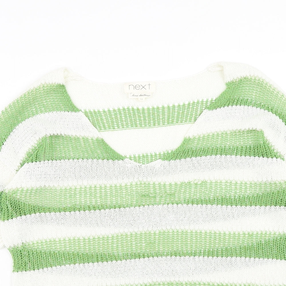 NEXT Womens Green V-Neck Striped Acrylic Pullover Jumper Size 14