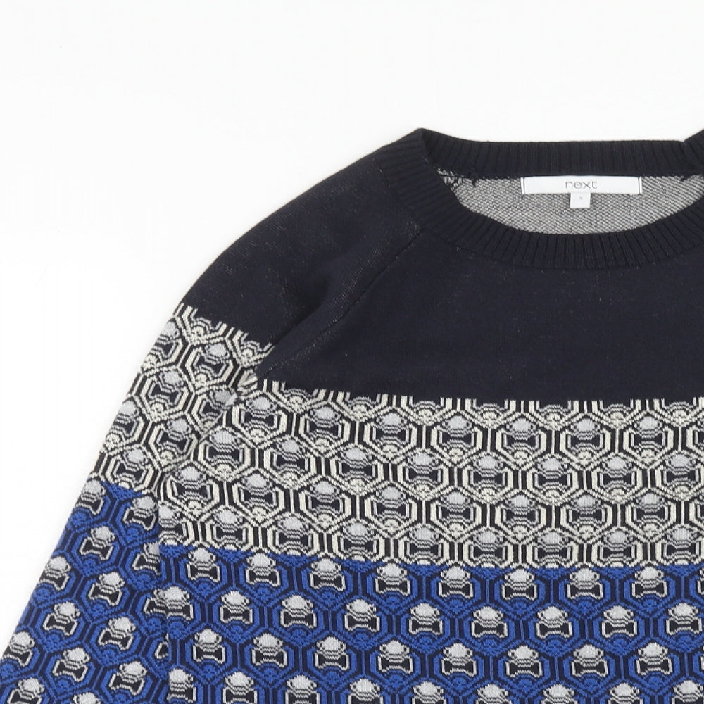NEXT Mens Blue Round Neck Geometric Polyester Pullover Jumper Size S Long Sleeve