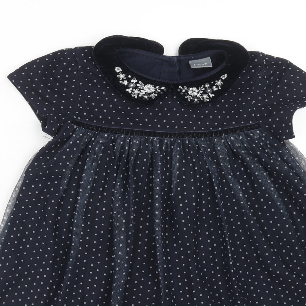 NEXT Girls Blue Polka Dot Polyester Fit & Flare Size 3-4 Years Collared Button