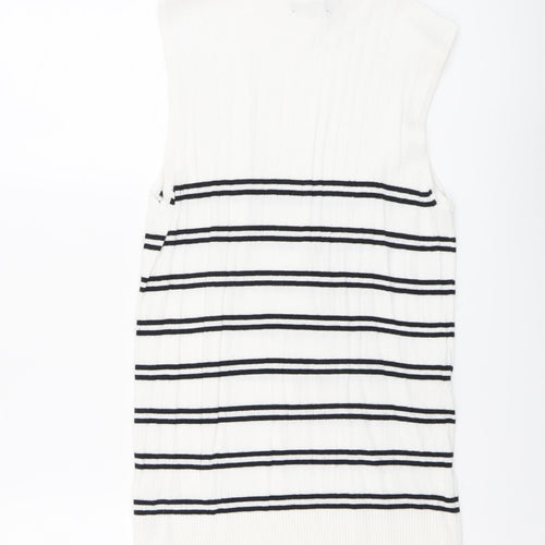 F&F Womens White Striped Viscose Basic Blouse Size 14 Mock Neck