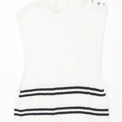 F&F Womens White Striped Viscose Basic Blouse Size 14 Mock Neck