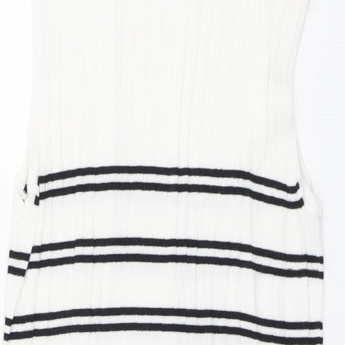 F&F Womens White Striped Viscose Basic Blouse Size 14 Mock Neck