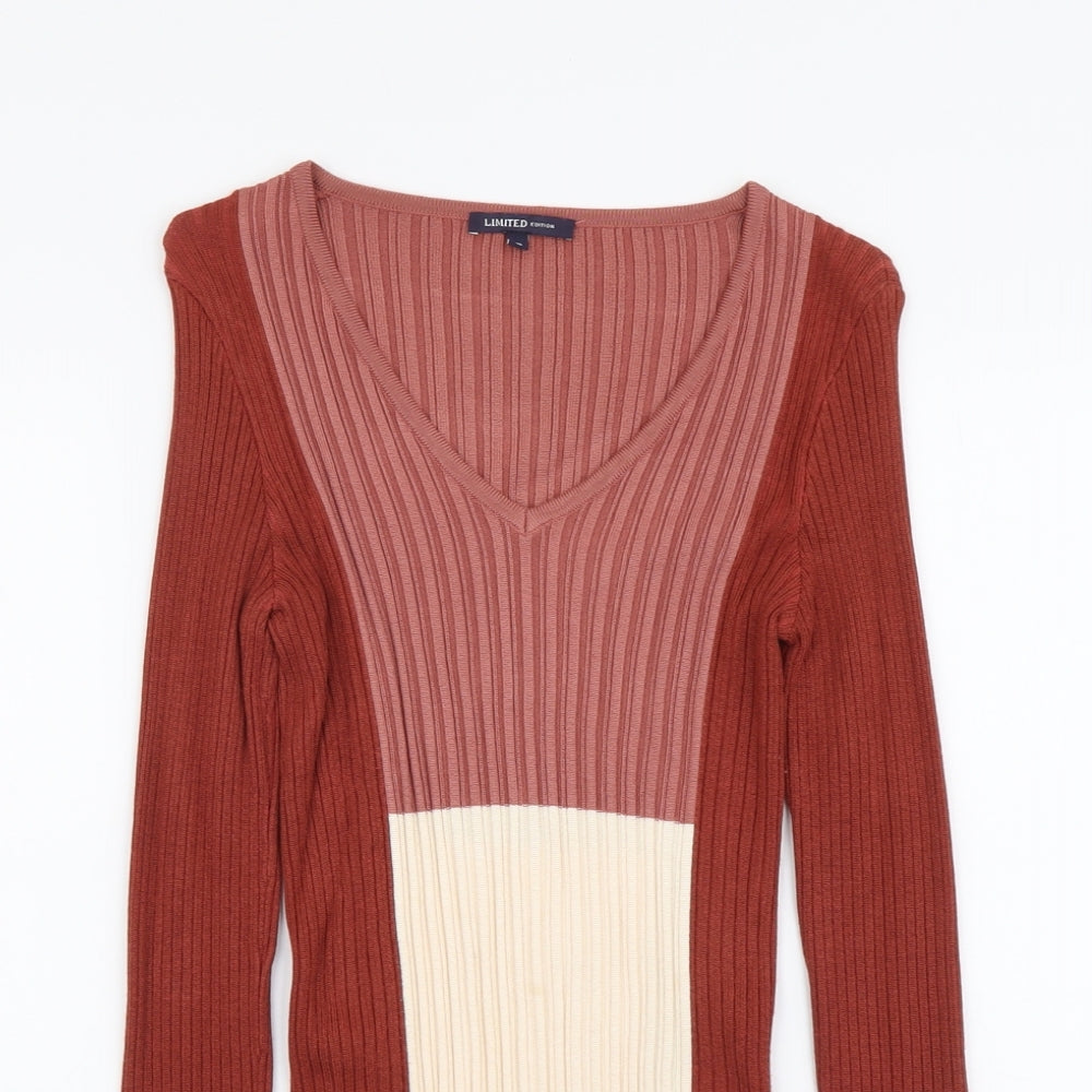 Marks and Spencer Womens Multicoloured V-Neck Viscose Pullover Jumper Size 10 - Colourblock
