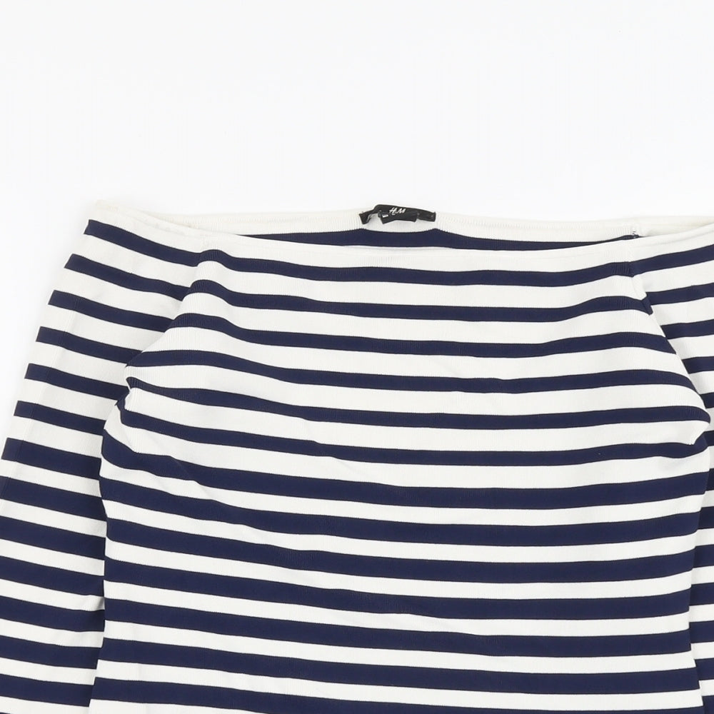 H&M Womens Blue Boat Neck Striped Viscose Pullover Jumper Size L