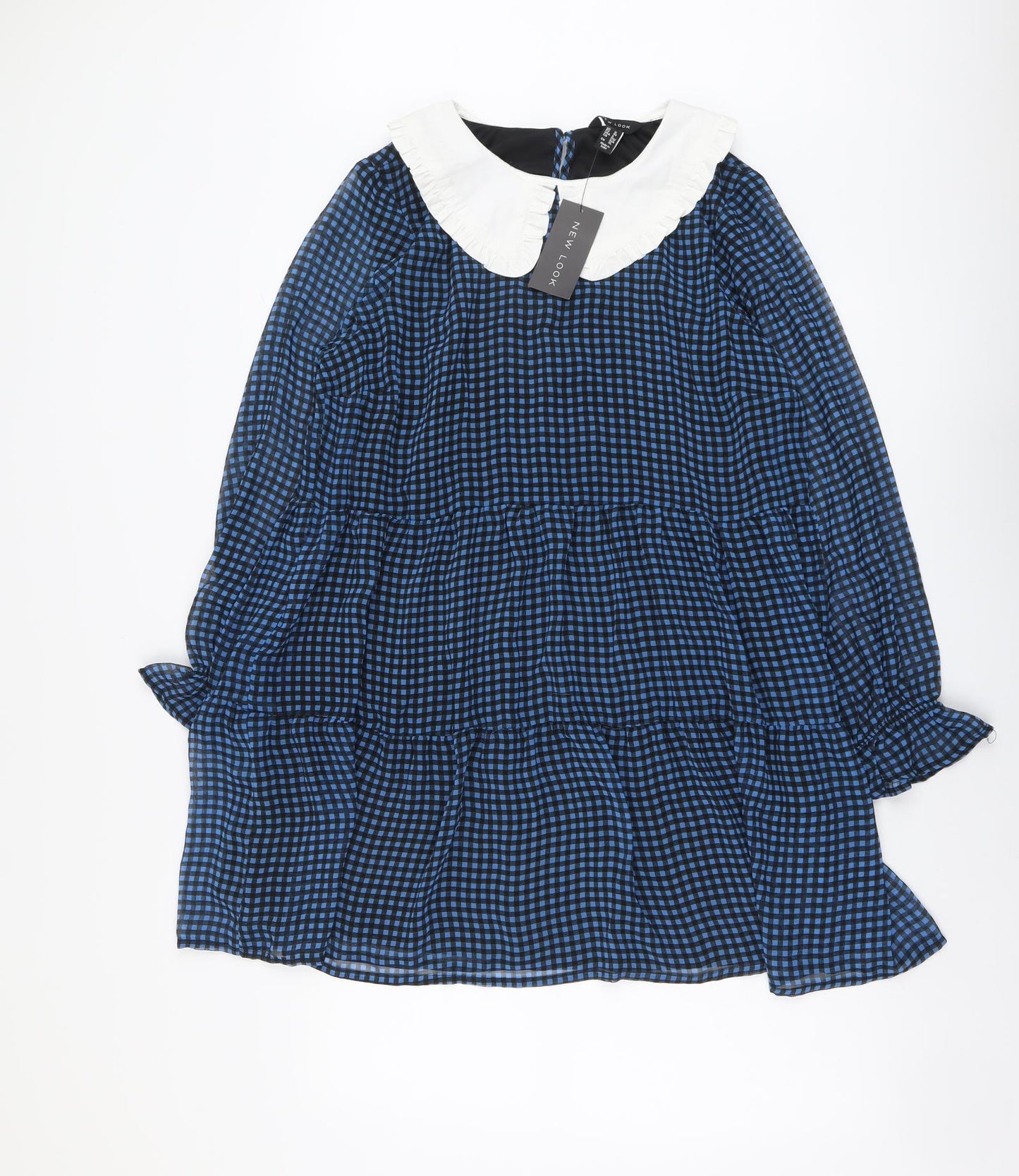New Look Womens Blue Gingham Polyester Trapeze & Swing Size 12 Collared Button