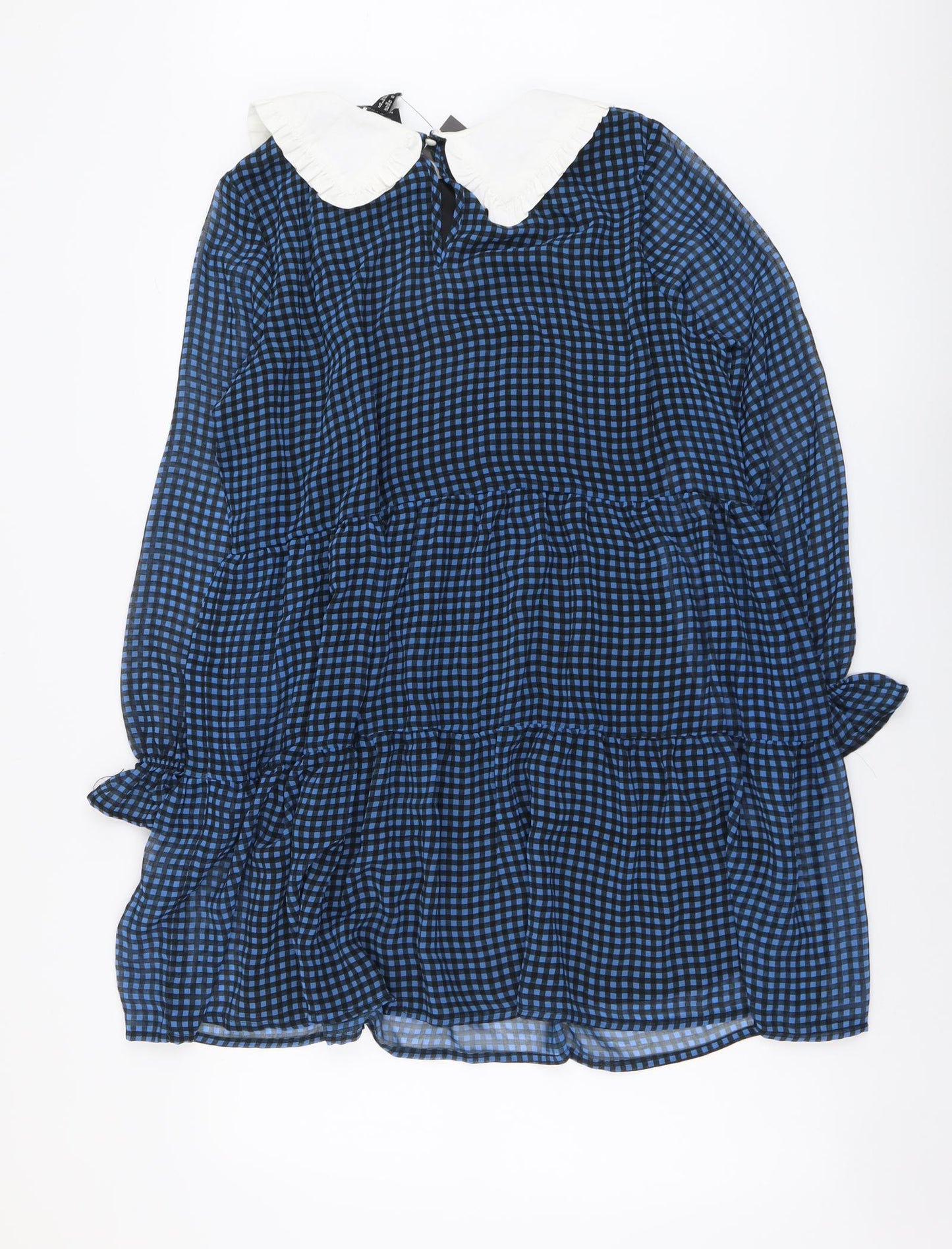 New Look Womens Blue Gingham Polyester Trapeze & Swing Size 12 Collared Button