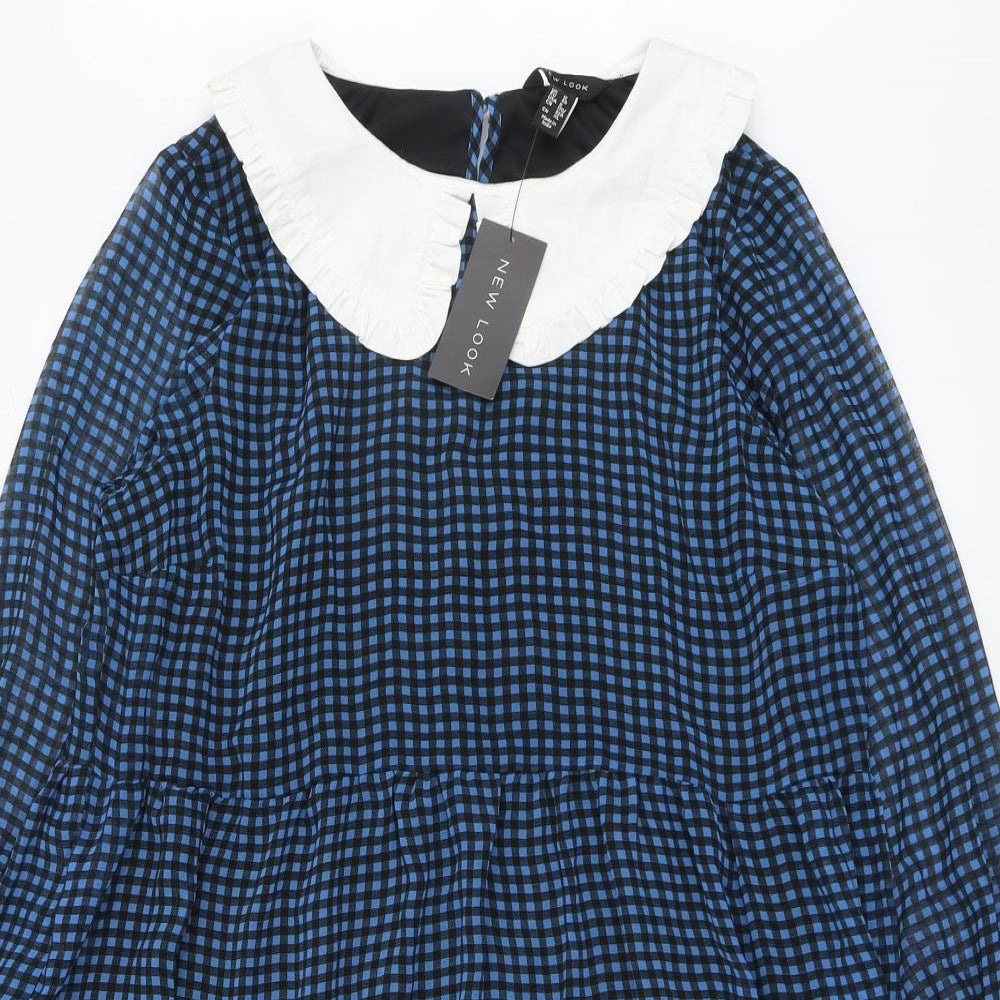 New Look Womens Blue Gingham Polyester Trapeze & Swing Size 12 Collared Button