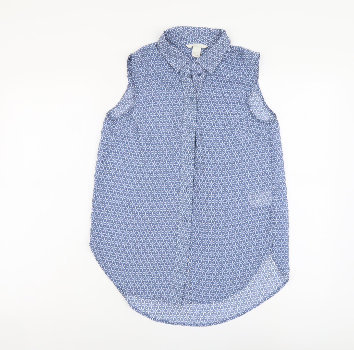 H&M Womens Blue Geometric Polyester Basic Button-Up Size 4 Collared