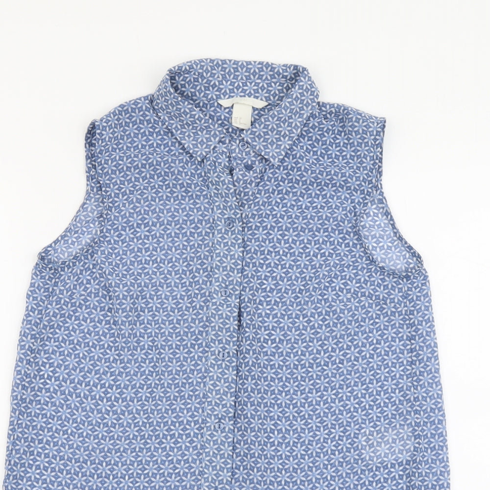 H&M Womens Blue Geometric Polyester Basic Button-Up Size 4 Collared