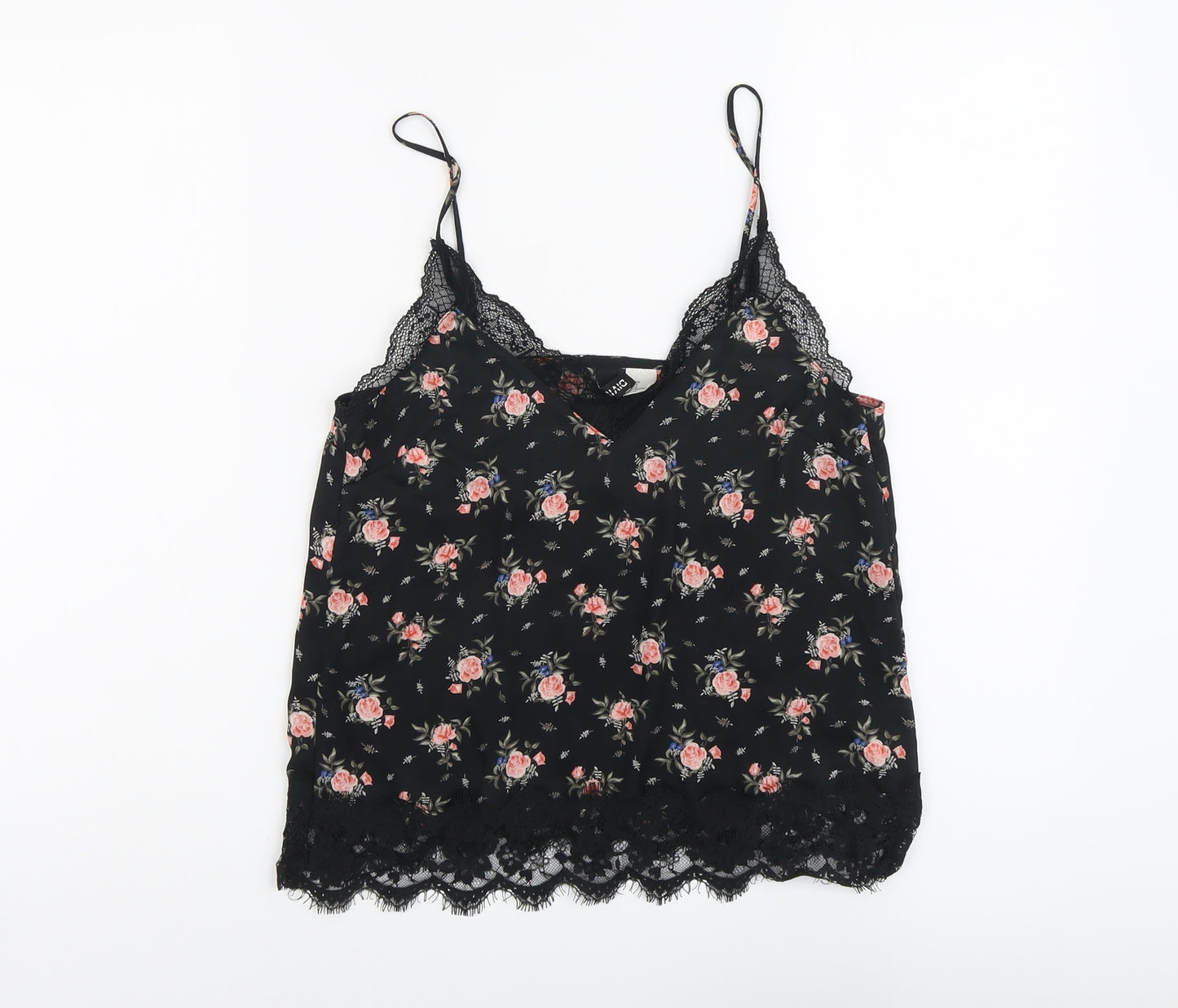 H&M Womens Black Floral Polyester Basic Tank Size 6 V-Neck - Lace Detail
