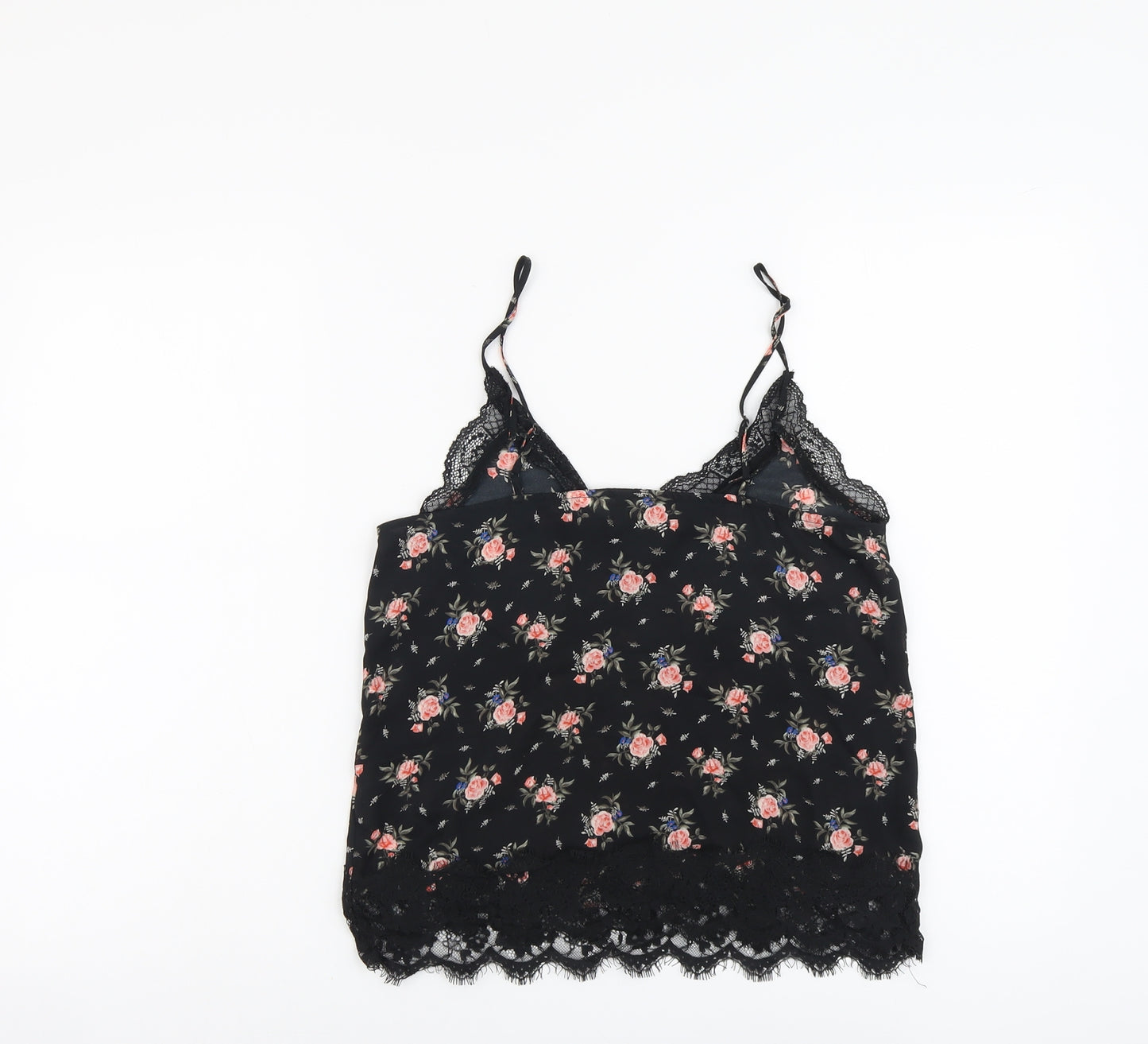 H&M Womens Black Floral Polyester Basic Tank Size 6 V-Neck - Lace Detail