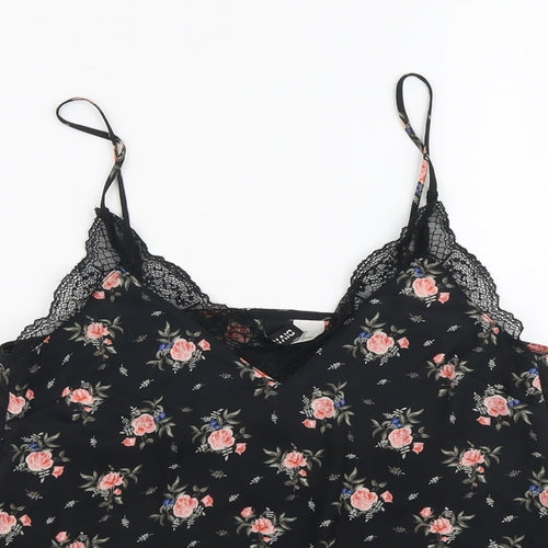 H&M Womens Black Floral Polyester Basic Tank Size 6 V-Neck - Lace Detail