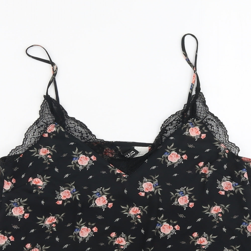 H&M Womens Black Floral Polyester Basic Tank Size 6 V-Neck - Lace Detail