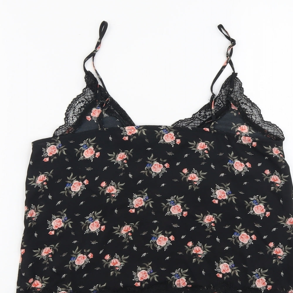 H&M Womens Black Floral Polyester Basic Tank Size 6 V-Neck - Lace Detail