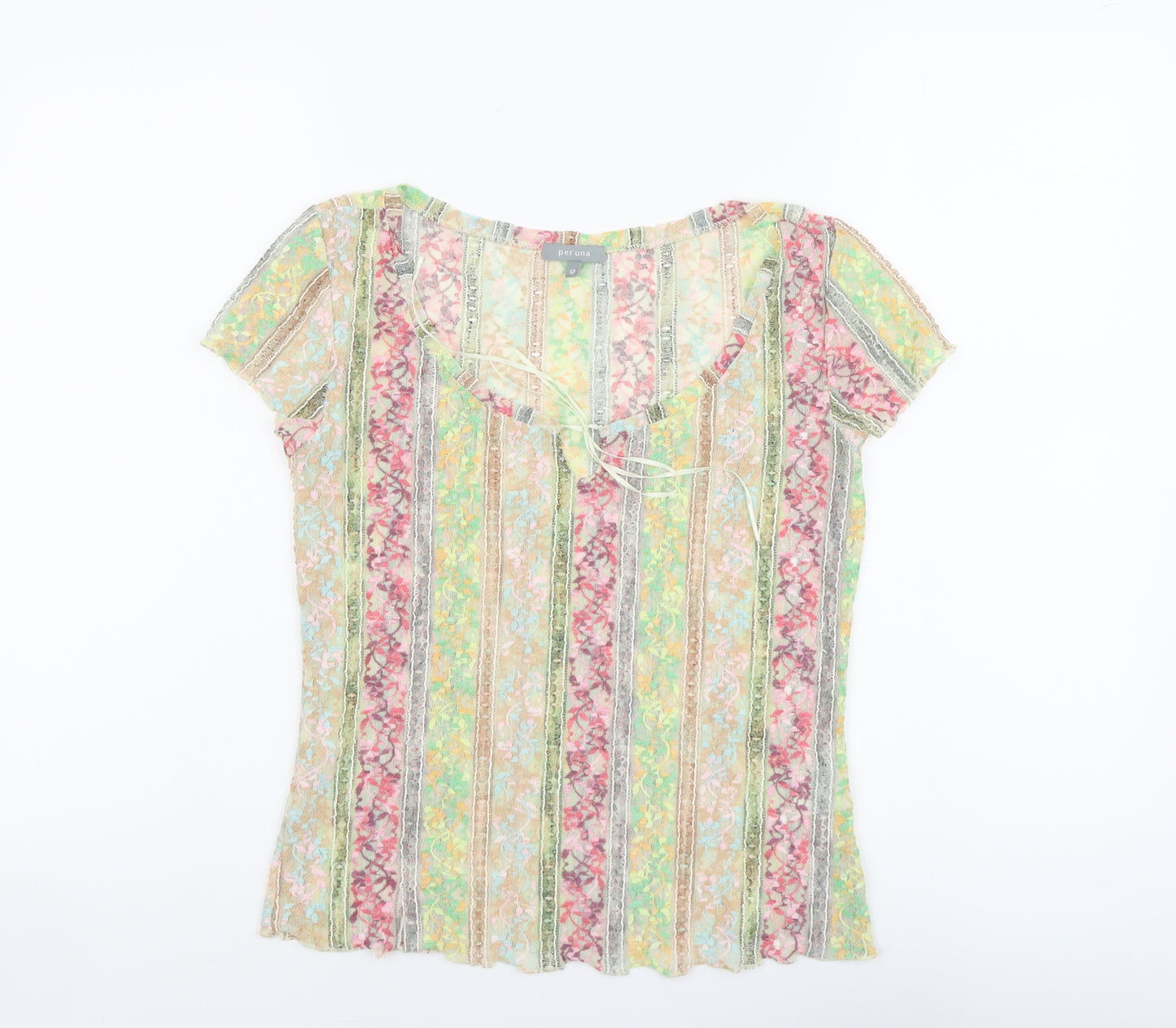 Per Una Womens Multicoloured Geometric Polyamide Basic T-Shirt Size 12 Scoop Neck